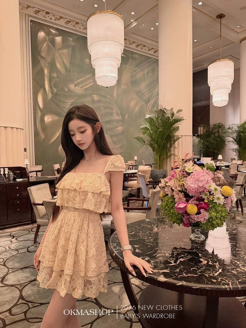 Dress Renda Tali Wanita French Style | Mini Dress Elegan High Class | Dress Korean Princess Kekinian