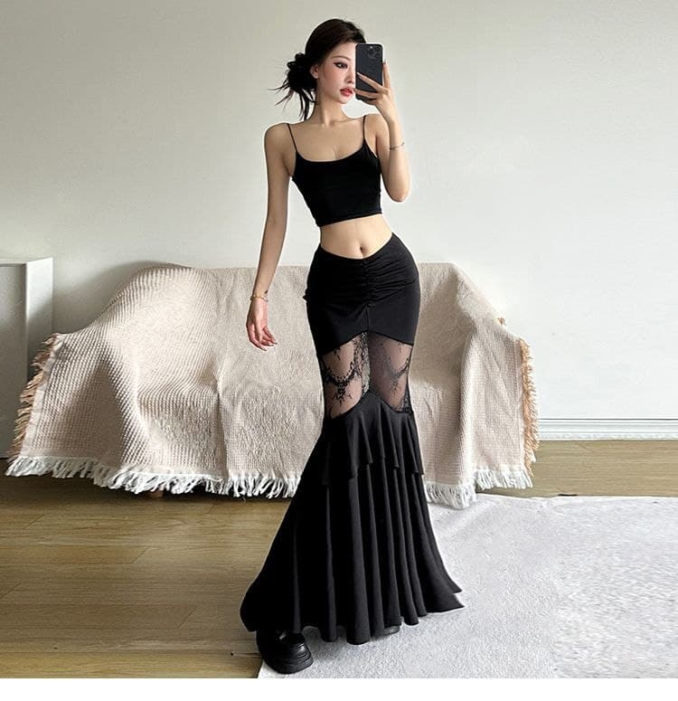 Rok Mermaid Renda Wanita High Waist | Rok Panjang Bodycon Lace Patchwork | Dark Korean Chic Style