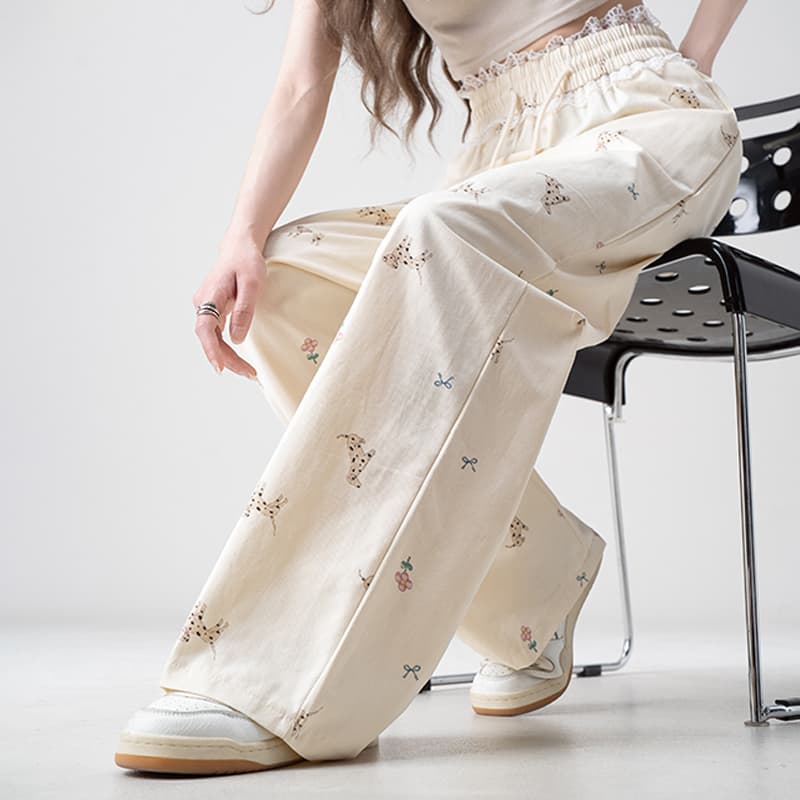 Celana Wide Leg Wanita Motif Anjing | Celana Loose Fit Renda Patchwork | Celana Casual Korean Style Kekinian