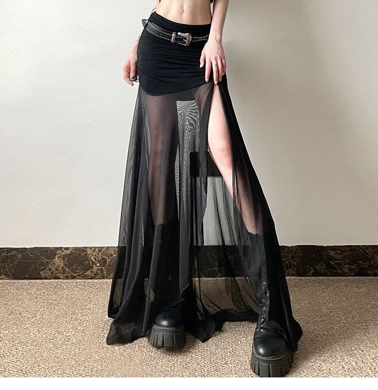 Rok Panjang Mesh Wanita Vintage | Rok High Waist Ruched Belahan Samping | Korean Chic Style Elegan
