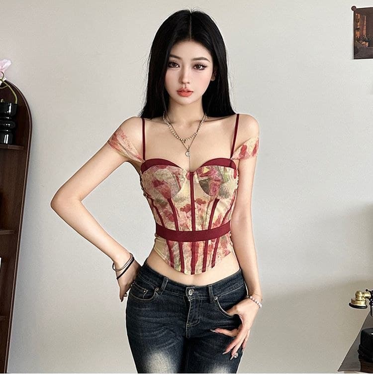 Atasan Crop Top Vintage Floral Wanita | Tank Top Asimetris Slim Fit | Korean Chic Style Elegan