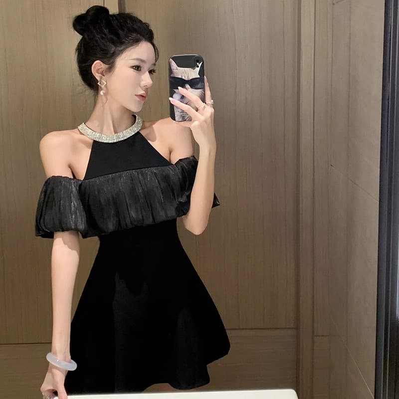 Dress Hitam Halter Off Shoulder Wanita | Mini Dress French Style Slim Fit | Dress Elegan Premium Kekinian