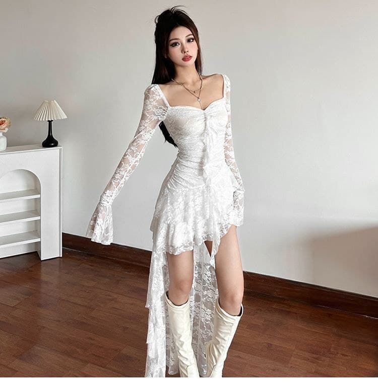 Dress Mesh Floral French Style | Mini Dress Square Neck Asimetris | Dress Ruffle Elegan Korean Chic