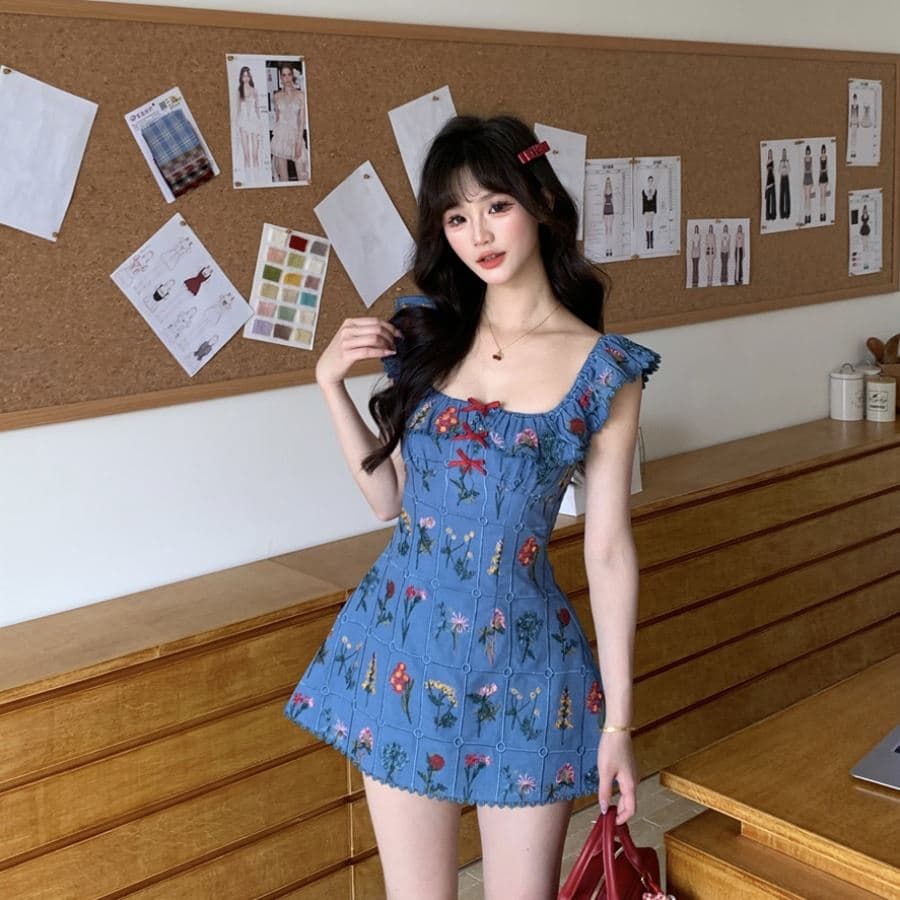 Dress Mini French Mint Style Wanita | Puff Sleeve Princess Dress High Waist | Korean Vacation Chic