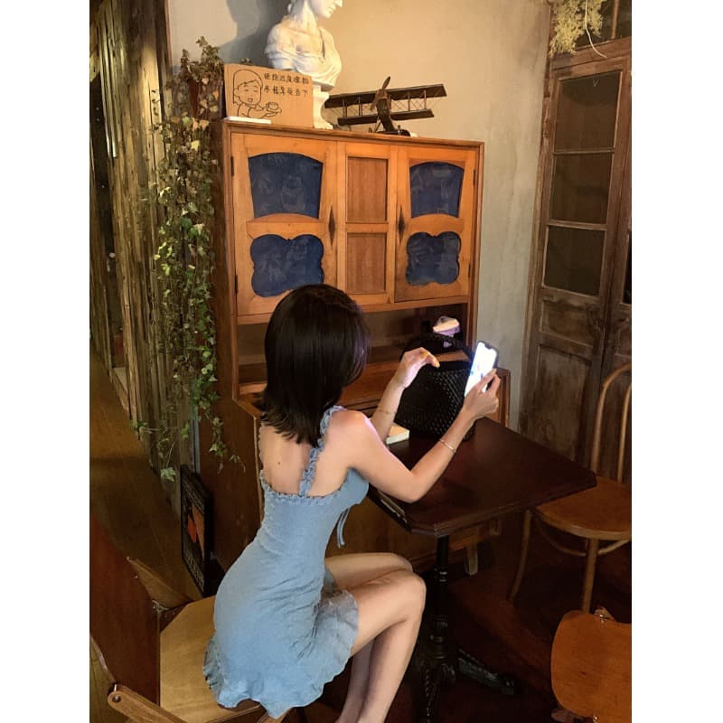 Blue Bodycon Ruffle Mini Dress | Dress Spaghetti Strap Wanita