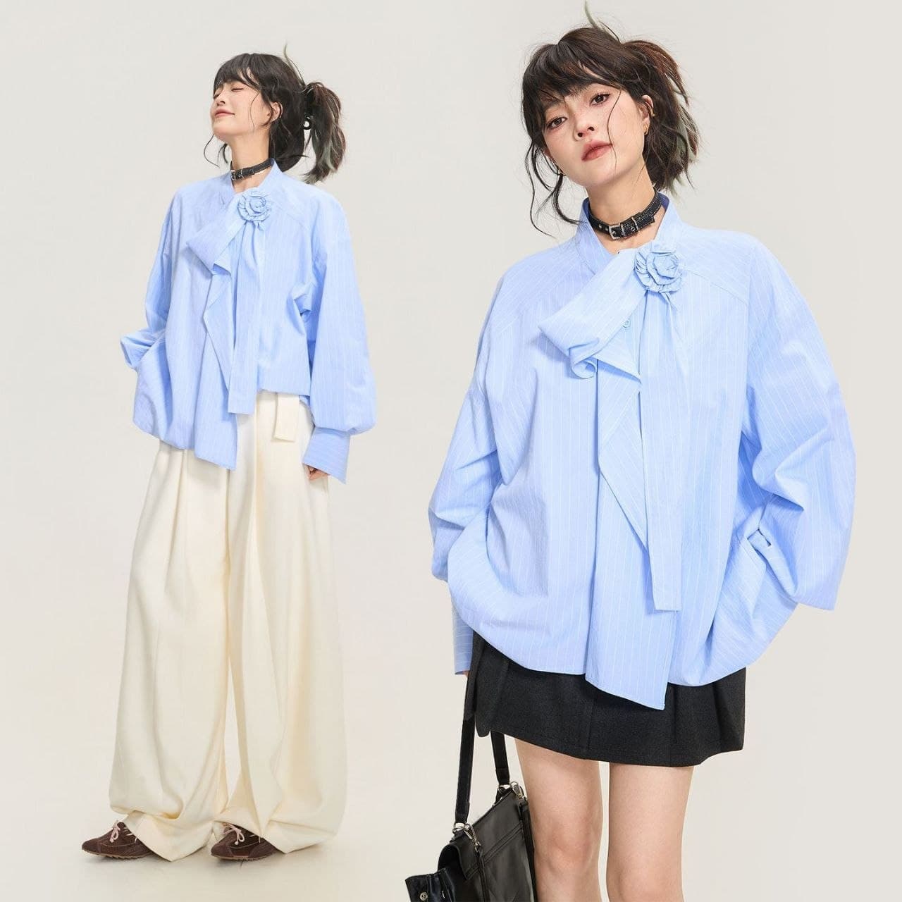 Kemeja Wanita Garis Biru Oversize Gaya Prancis – Atasan Lengan Panjang dengan Pita Leher, Elegan, Casual, Cocok untuk Kerja & Outfit Musim Gugur