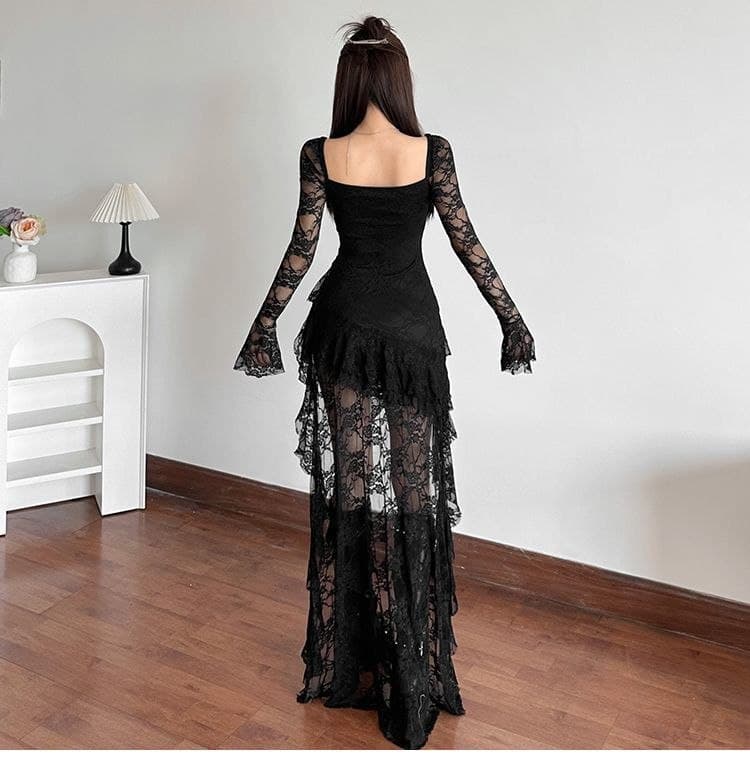 Dress Mesh Floral French Style | Mini Dress Square Neck Asimetris | Dress Ruffle Elegan Korean Chic