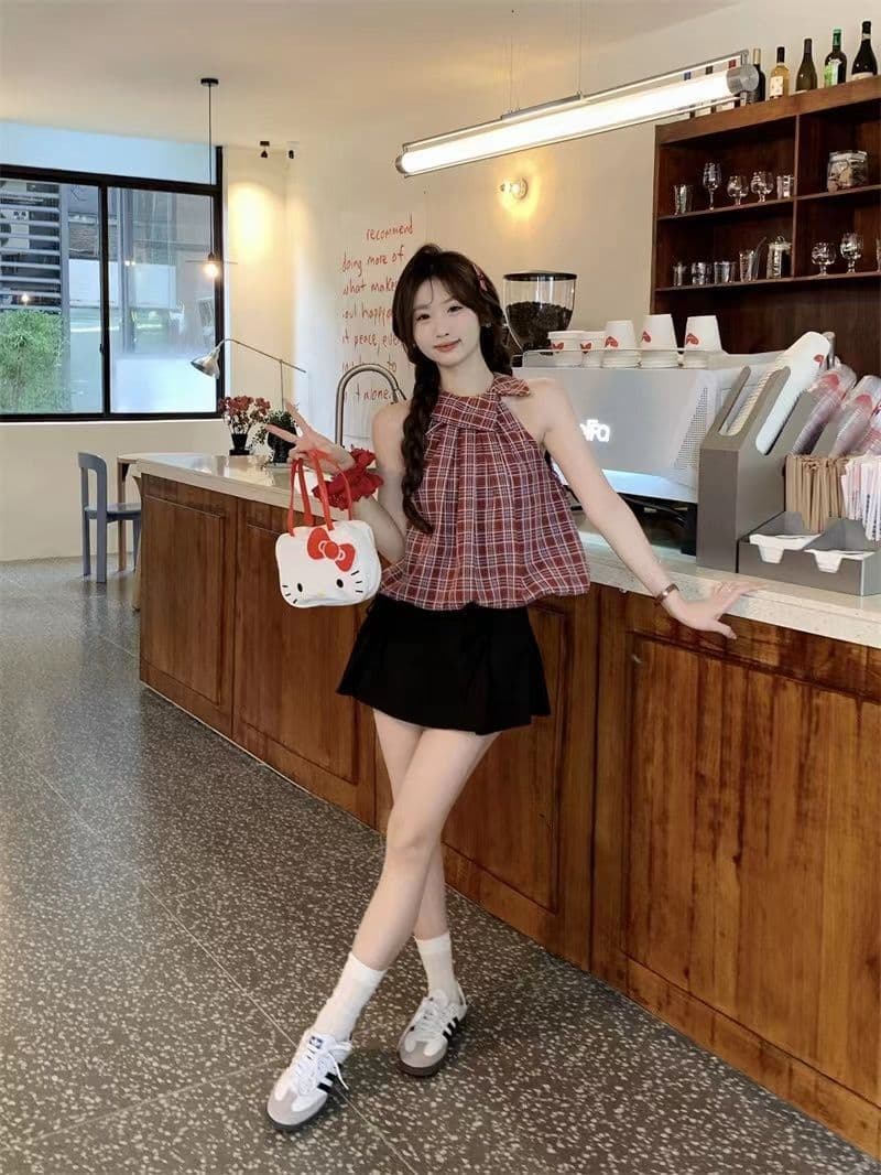 Blouse Kotak-Kotak Wanita French Style | Atasan Tanpa Lengan Kerah Kemeja | Top Bubble Hem Korean Fashion