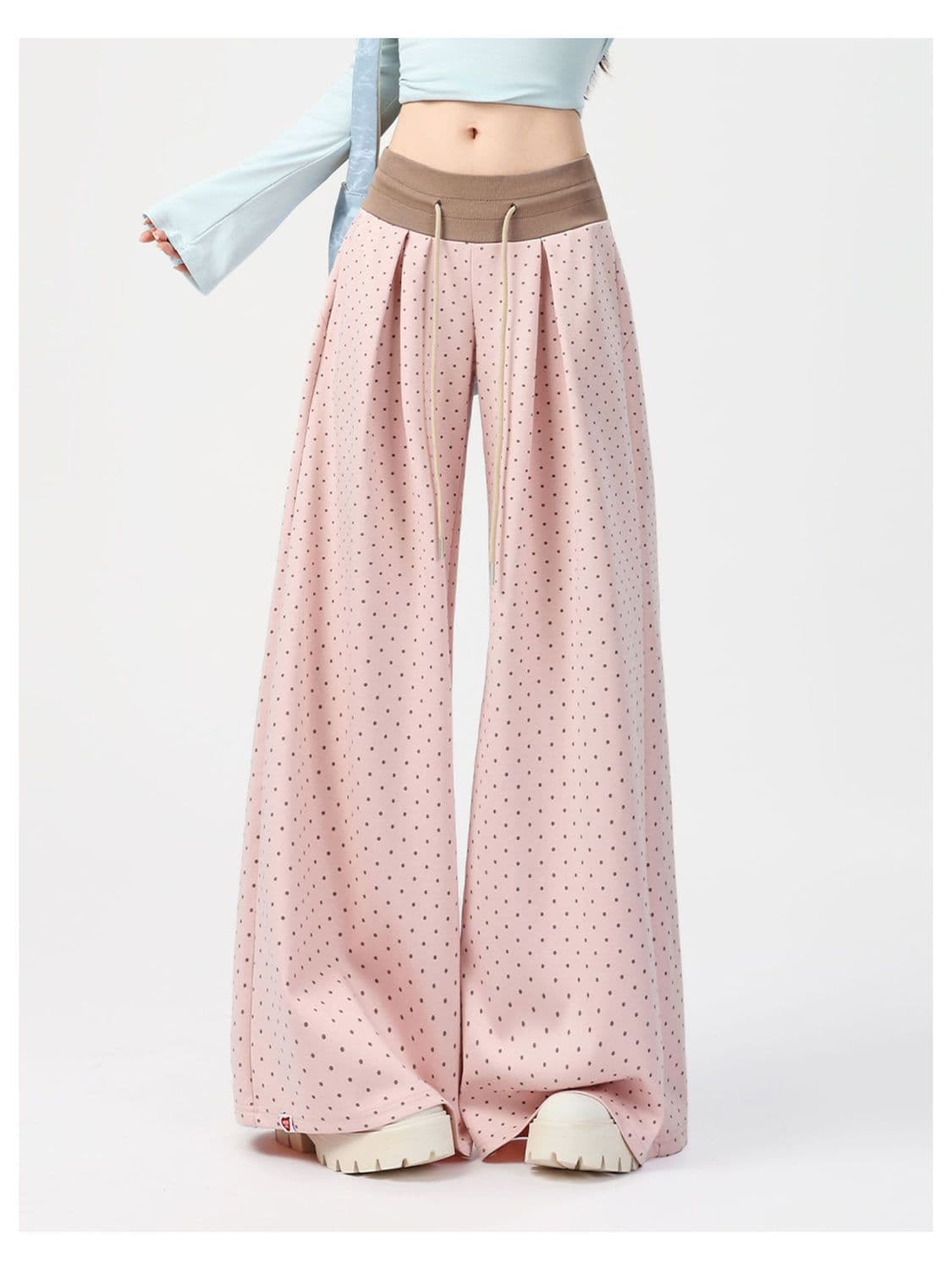 Celana Wide Leg Polkadot Wanita High Waist | Celana Panjang Serut Loose Fit Vintage | Korean Style Kekinian