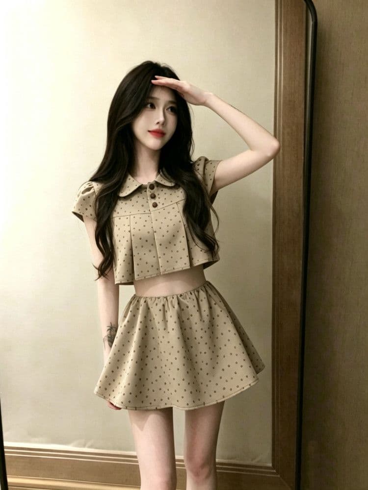 Setelan Polkadot Wanita 2in1 | Atasan Kerah Boneka & Rok Mini Low Waist | Outfit Korean Sweet Style