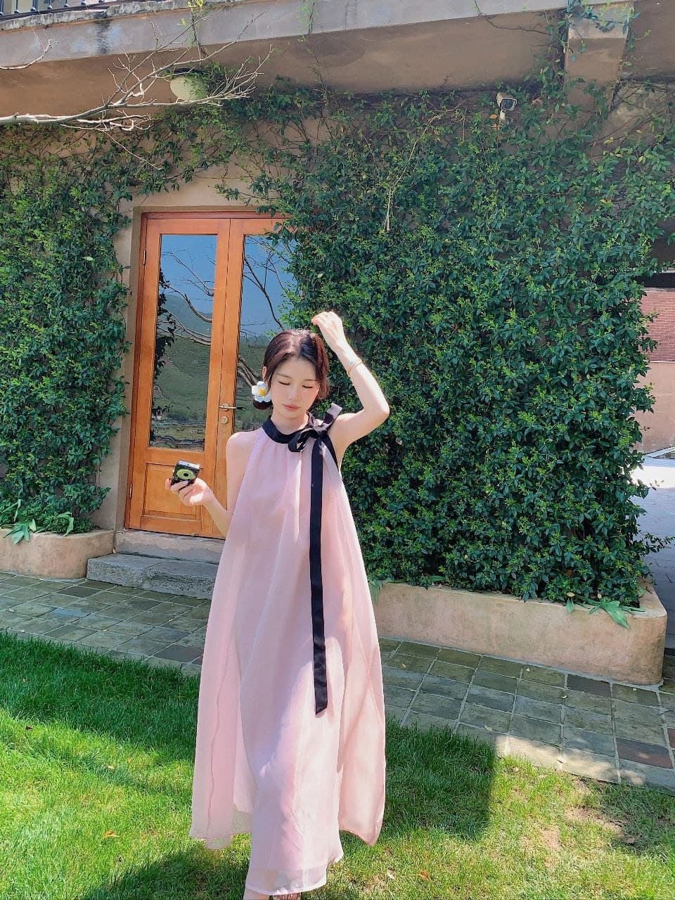 Dress Panjang Wanita Pink Gaya Prancis, Halter Tanpa Lengan, Model Slim Fit, Cocok untuk Liburan Pantai Musim Semi-Musim Panas