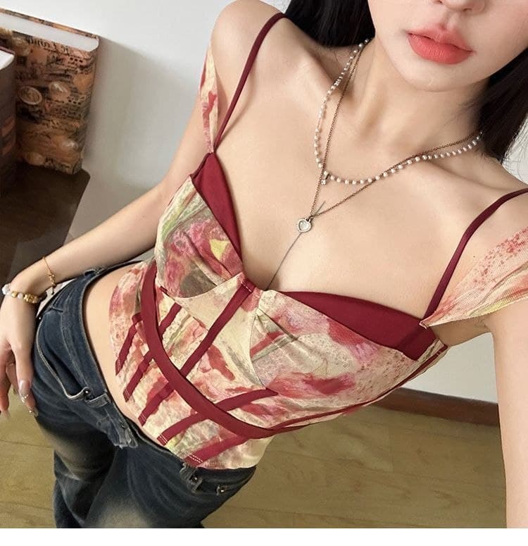 Atasan Crop Top Vintage Floral Wanita | Tank Top Asimetris Slim Fit | Korean Chic Style Elegan