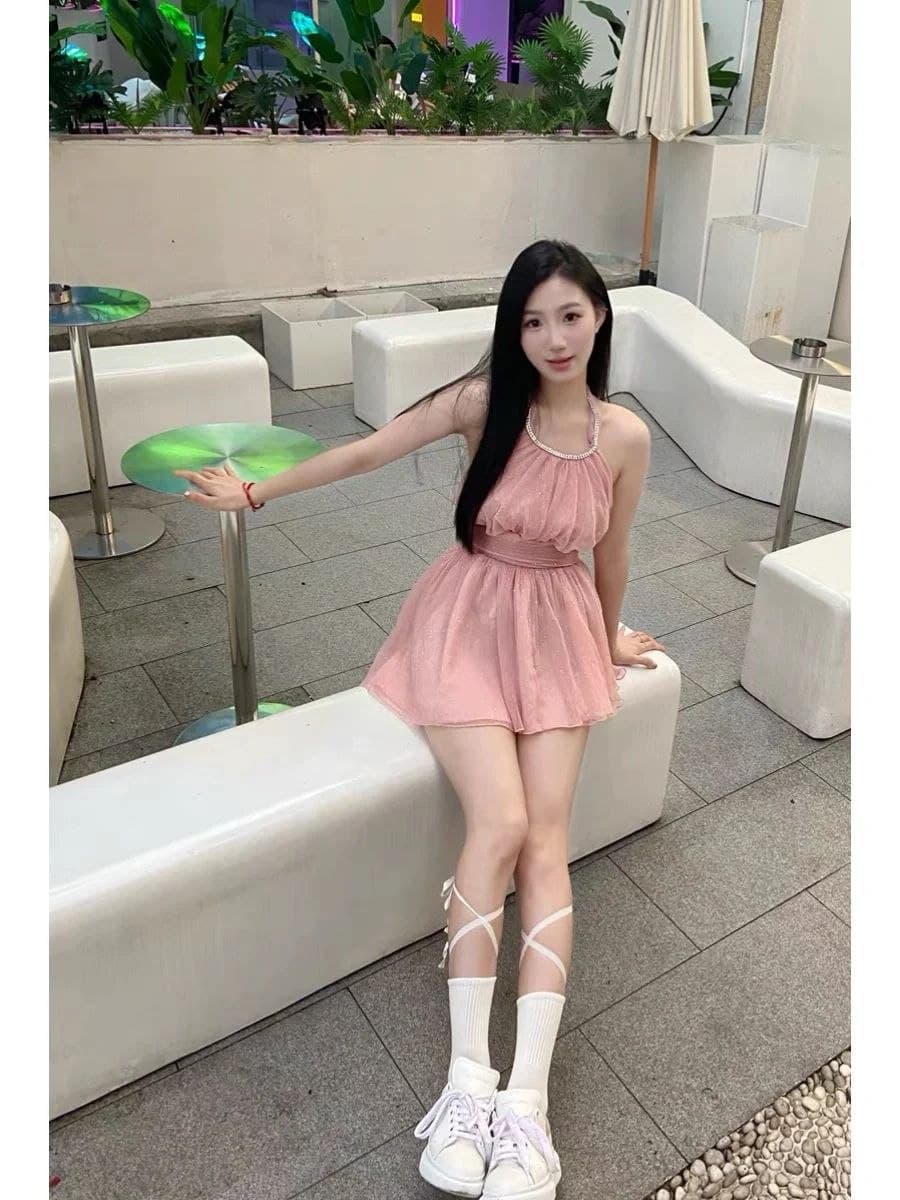 Dress Mini Halter Wanita | Dress A-Line High Waist Sleeveless | Korean Sweet Princess Style