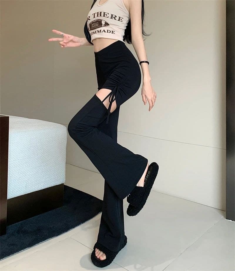 Celana Jeans Wanita Big Size, High Waist, Model Flare/Mermaid, Detail Robek, Tali Serut, Elastis & Slim Fit