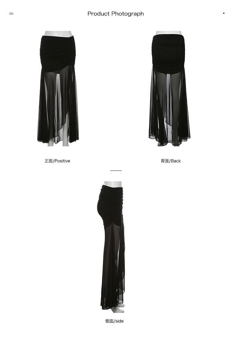 Rok Panjang Mesh Wanita Vintage | Rok High Waist Ruched Belahan Samping | Korean Chic Style Elegan
