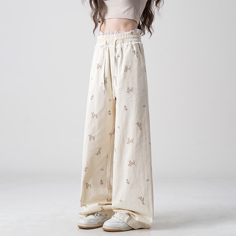 Celana Wide Leg Wanita Motif Anjing | Celana Loose Fit Renda Patchwork | Celana Casual Korean Style Kekinian