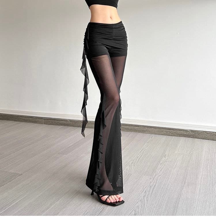 Celana Mesh Ruffle Wanita High Waist | Celana Panjang Ruched Slim Fit | Korean Chic Style Kekinian