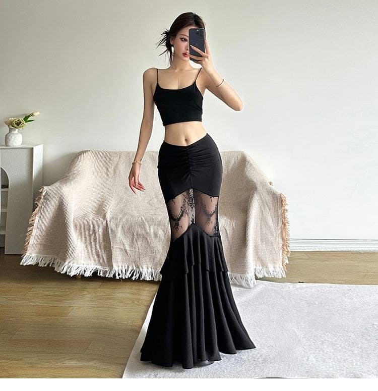Rok Mermaid Renda Wanita High Waist | Rok Panjang Bodycon Lace Patchwork | Dark Korean Chic Style
