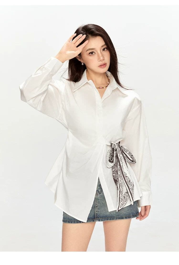 Kemeja Wanita Gaya Prancis Minimalis 2026 – Atasan Kantor Lengan Panjang dengan Desain Asimetris, Pinggang Ramping, Slim Fit, Elegan & Cocok untuk Kerja