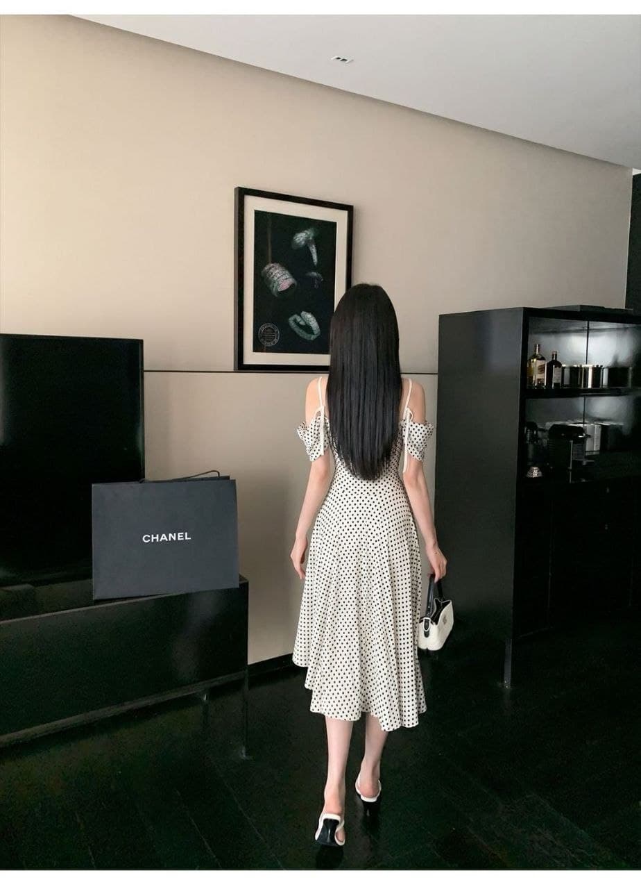 Dress Polkadot Sabrina French Style | Mini Dress High Waist Asimetris | Korean Chic Elegan