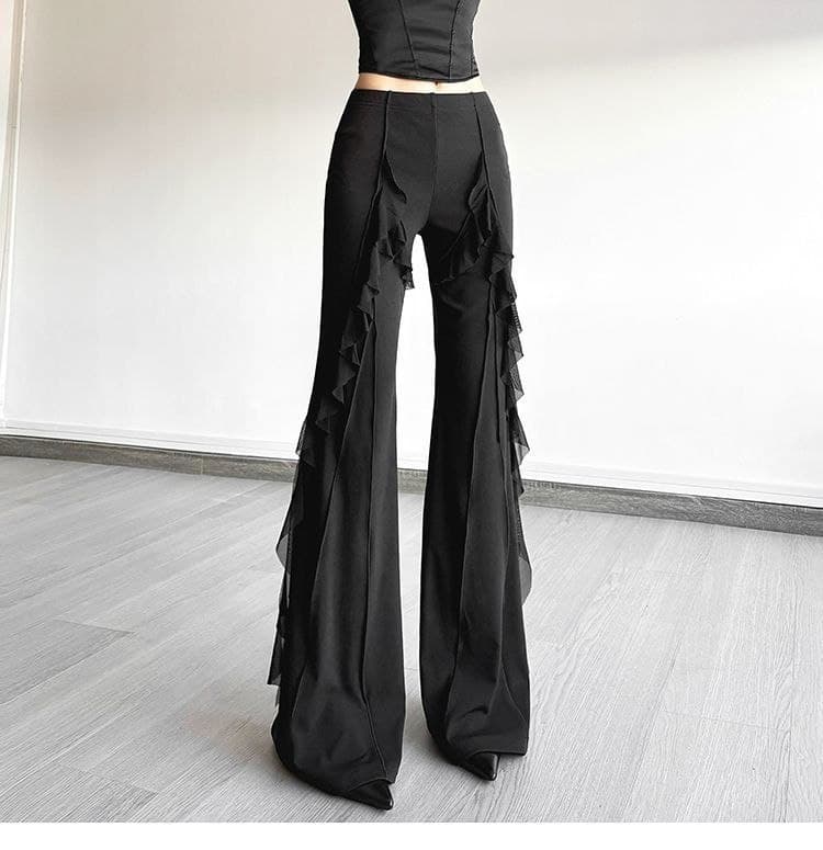 Celana Flare High Waist Wanita | Celana Ruffle Vintage Slim Fit | Korean Chic Style Elegan