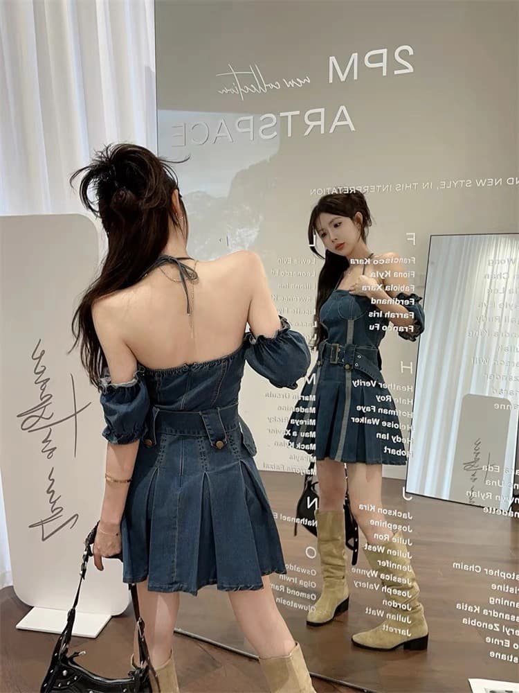 Dress Denim Sabrina Wanita | Mini Dress Puff Sleeve Slim Fit | Dress Vintage Korean Style Kekinian