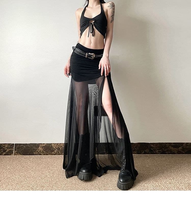 Rok Panjang Mesh Wanita Vintage | Rok High Waist Ruched Belahan Samping | Korean Chic Style Elegan