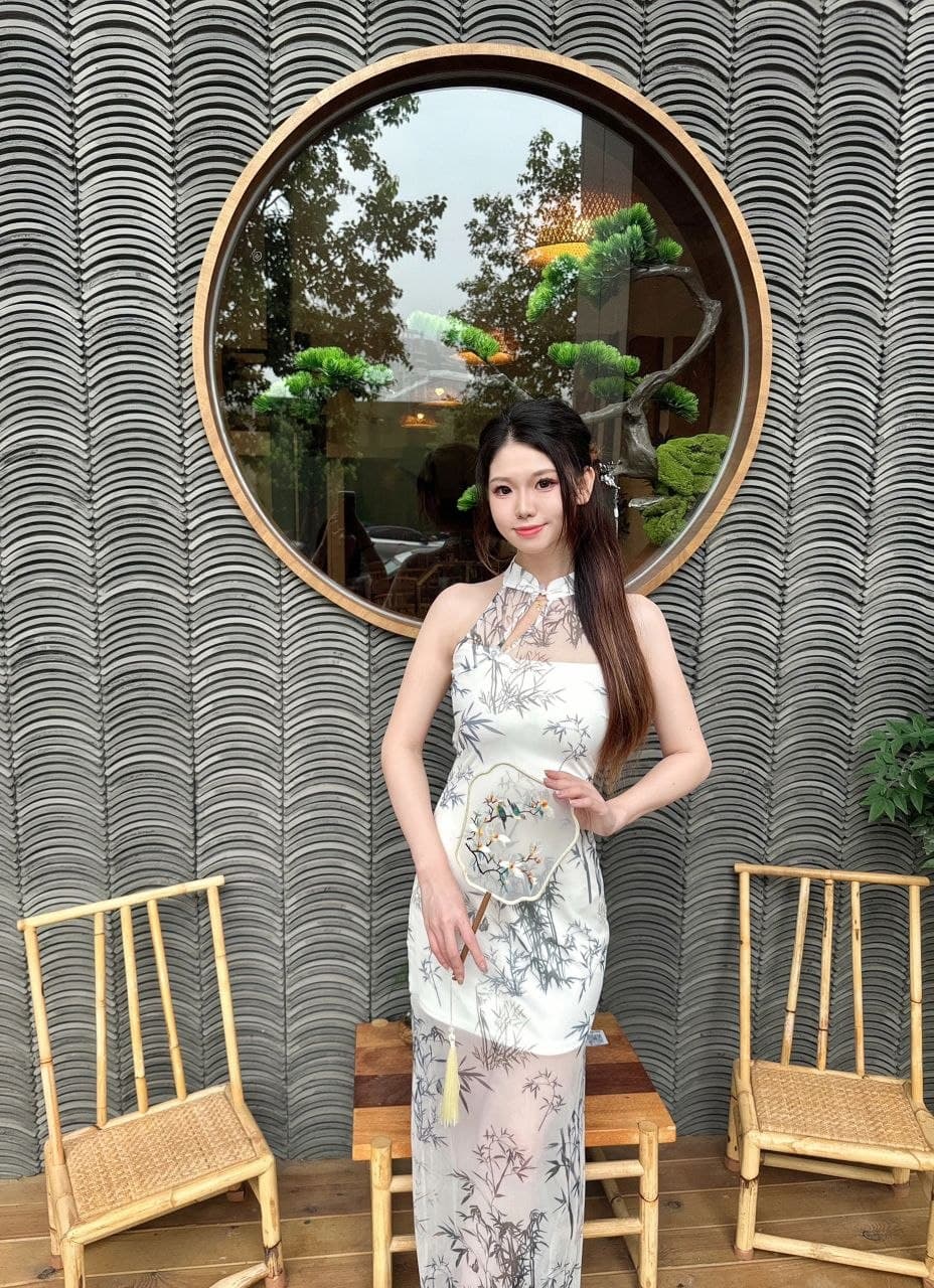 Dress Panjang Qipao Wanita Gaya Tiongkok, Motif Lukisan Tinta, Fit & Flare, Bahan Mesh, Belahan Samping, Elegan untuk Musim Panas