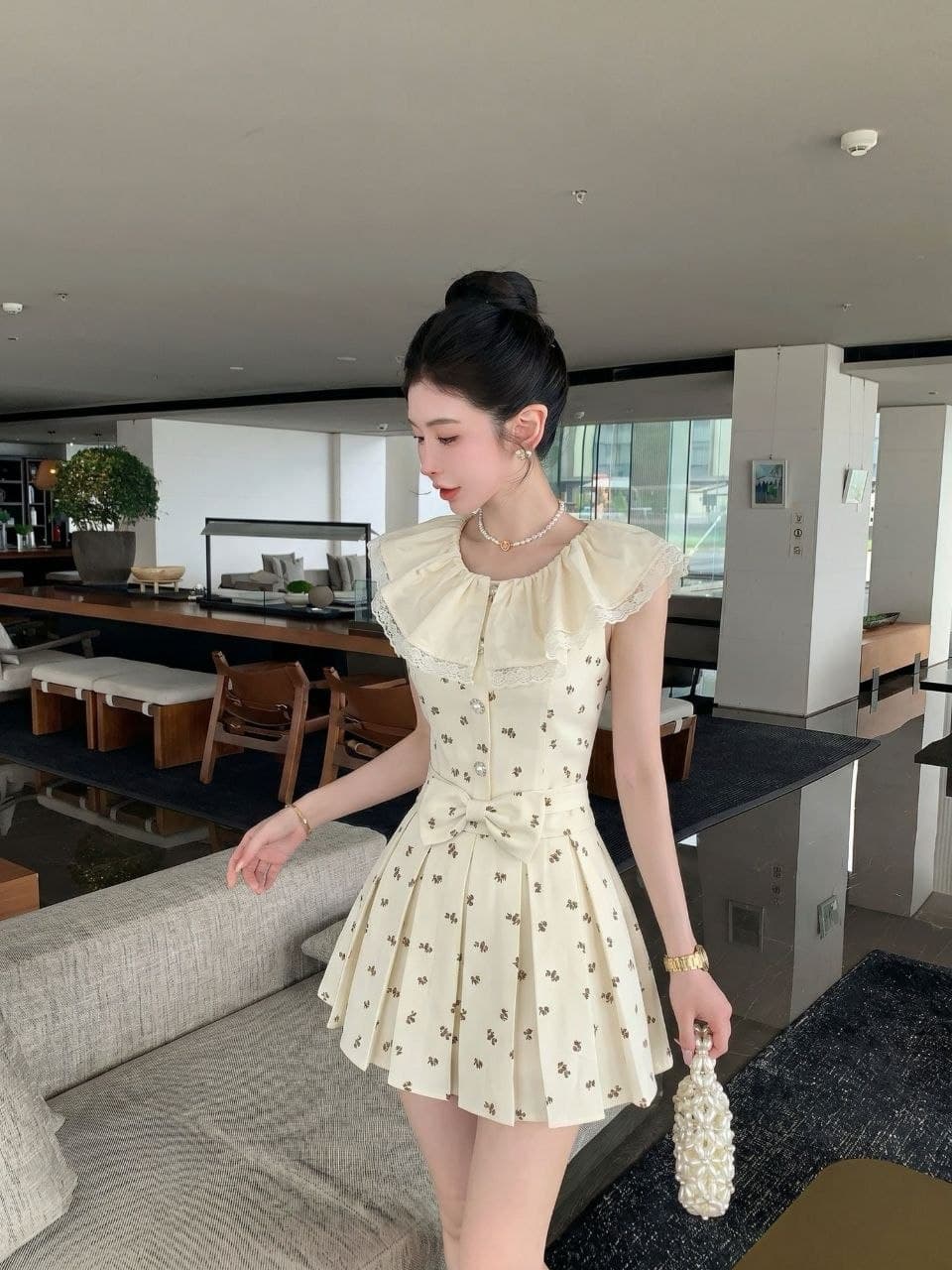 Dress Floral Renda Wanita French Style | Mini Dress Pita High Waist Pleated | Dress Korean Sweet Girl