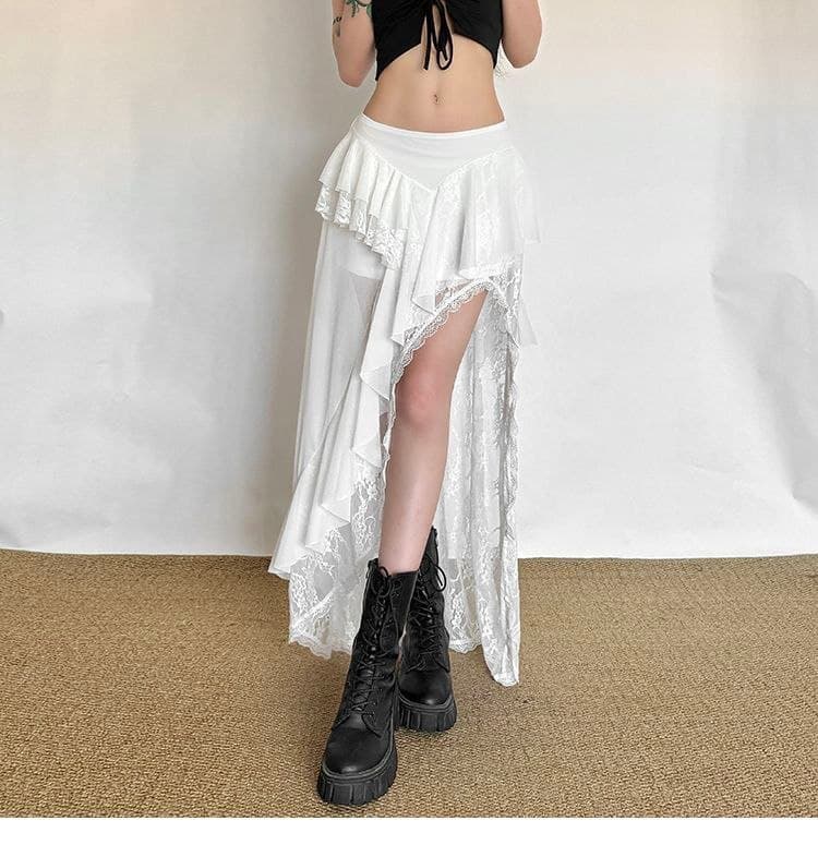 Rok Panjang Renda High Waist | Rok Asimetris Belahan Samping Slim Fit | Korean Sweet & Edgy Style
