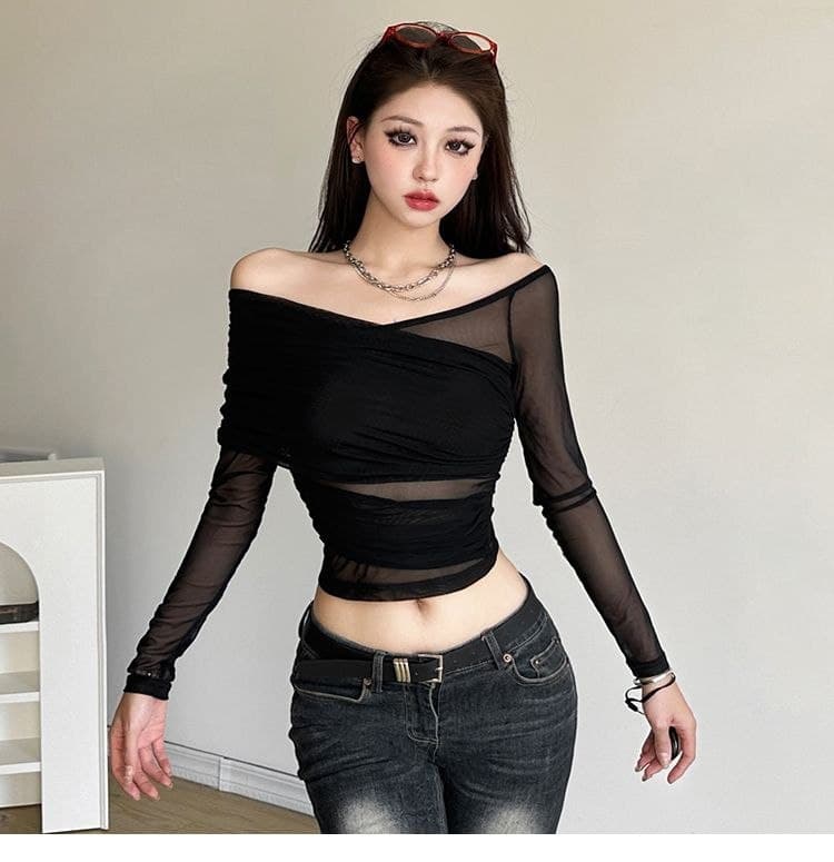 Atasan Mesh Sabrina Wanita | Top Renda Transparan Lengan Panjang Slim Fit | Korean Chic Style Elegan