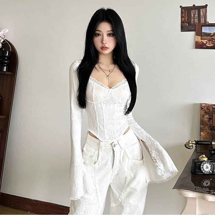 Atasan Renda Square Neck Wanita | Top Lengan Panjang Asimetris Slim Fit | Korean Vintage Style Elegan