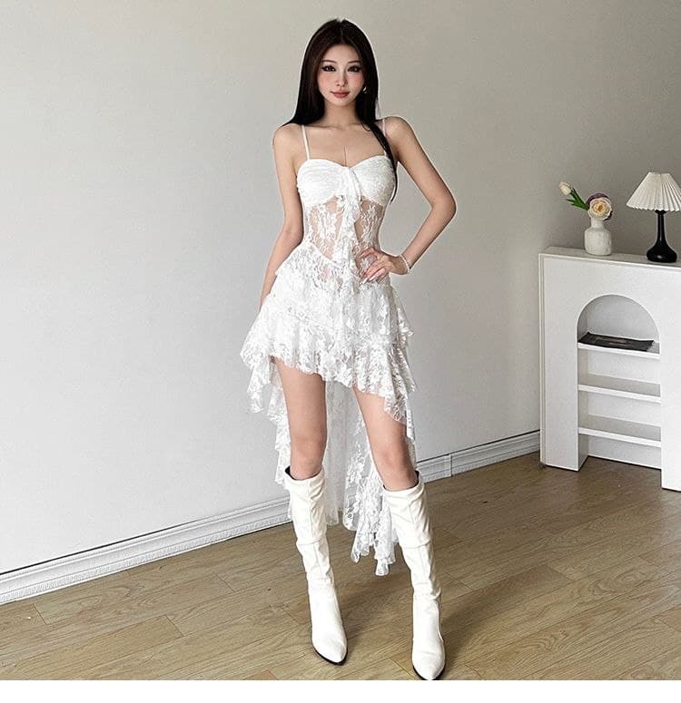 Dress Renda Transparan Wanita | Mini Dress Tali Asimetris Slim Fit | Korean Chic Style Kekinian