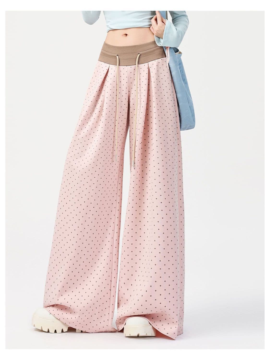 Celana Wide Leg Polkadot Wanita High Waist | Celana Panjang Serut Loose Fit Vintage | Korean Style Kekinian