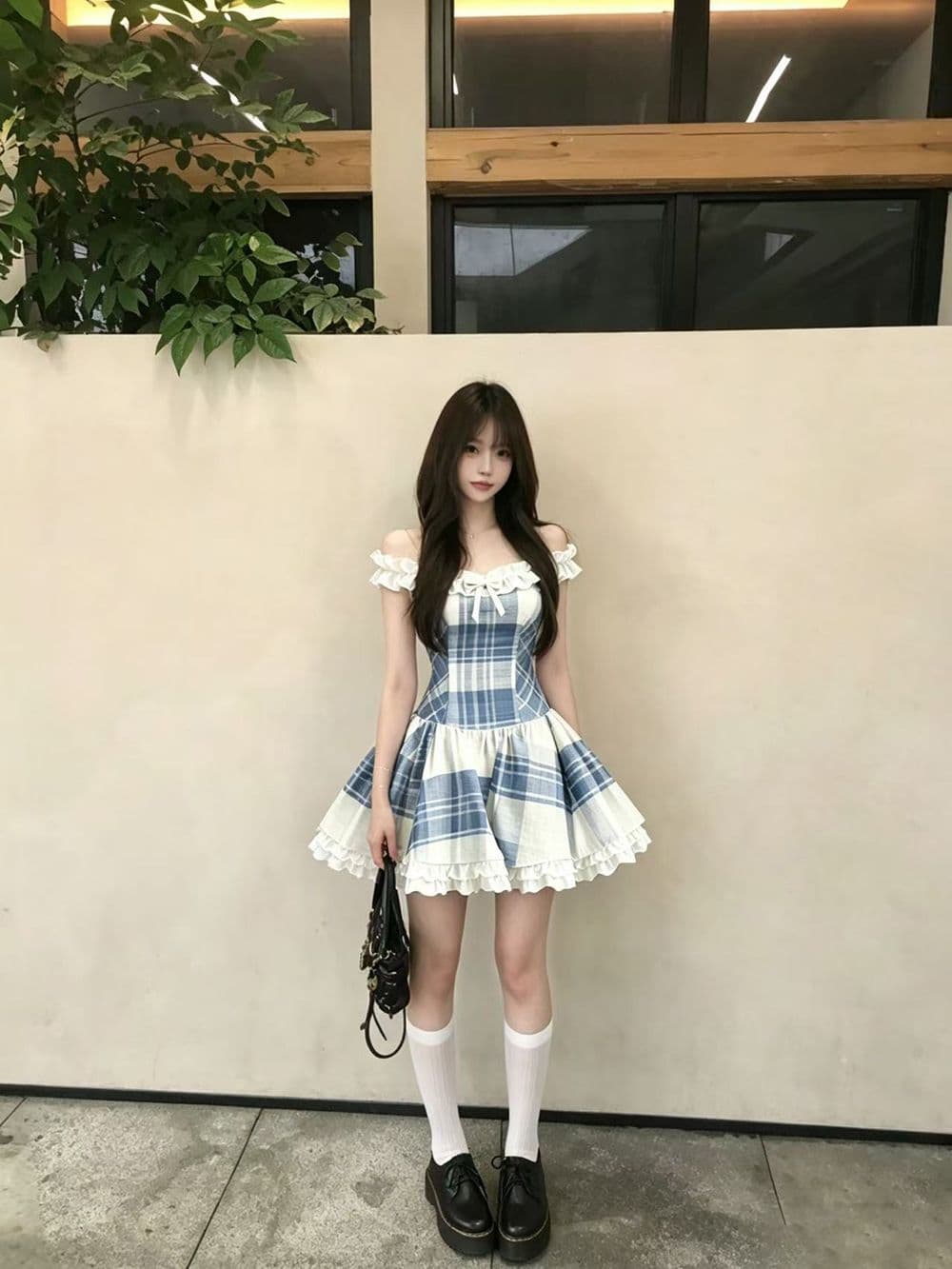 Dress Kotak-Kotak Sabrina Wanita | Mini Dress Pita French Vintage Style | Dress Pendek Manis & Elegan