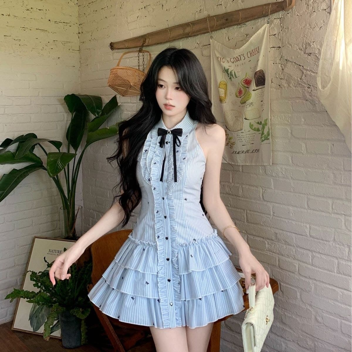 Dress Stripe Tanpa Lengan Wanita | Mini Dress Kerah Kemeja Layer Ruffle | Dress Korean School Style
