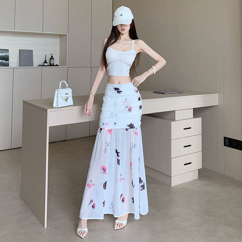 Rok Panjang Floral Putih Wanita | Rok High Waist A-Line Chiffon & Tulle | Rok Elegan Korean Style