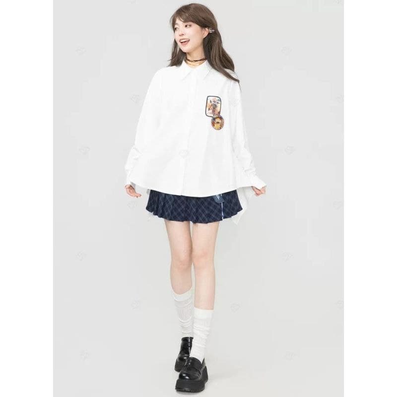 Kemeja Wanita Putih Pita Ribbon Gaya Korean Girl – Atasan Lengan Panjang Oversize dengan Desain High-Low (Depan Pendek Belakang Panjang), Casual, Elegan & Fashion