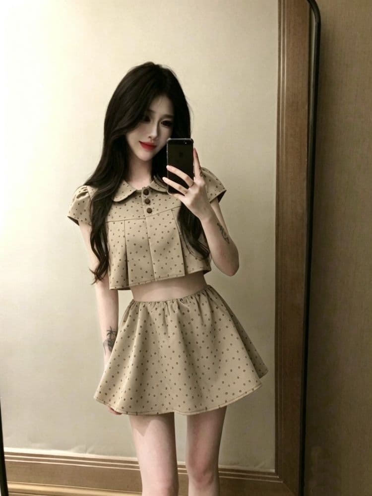 Setelan Polkadot Wanita 2in1 | Atasan Kerah Boneka & Rok Mini Low Waist | Outfit Korean Sweet Style