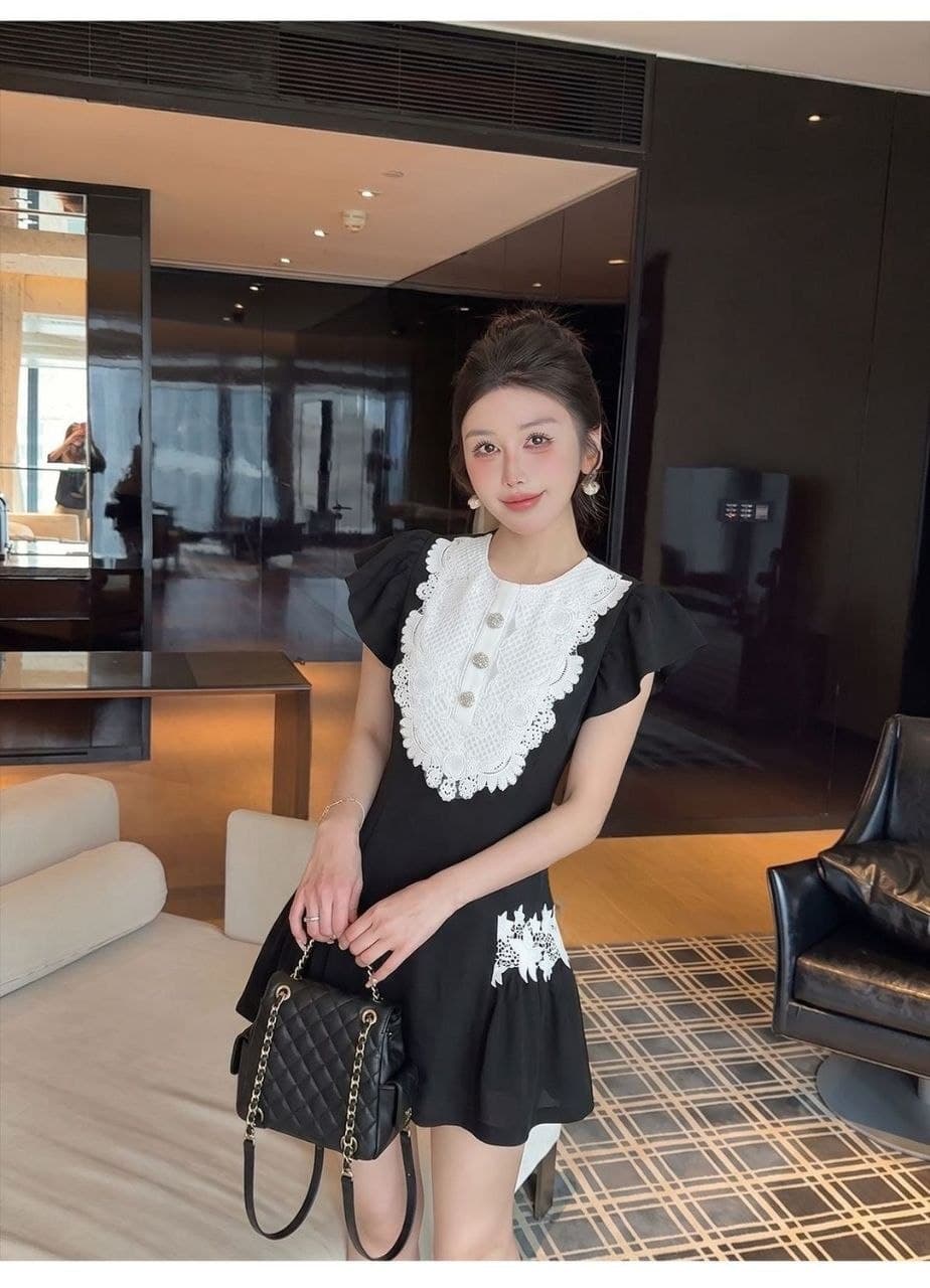 Dress Renda French Style Wanita | Mini Dress High Waist Aksen Diamond | Korean Classy Elegan