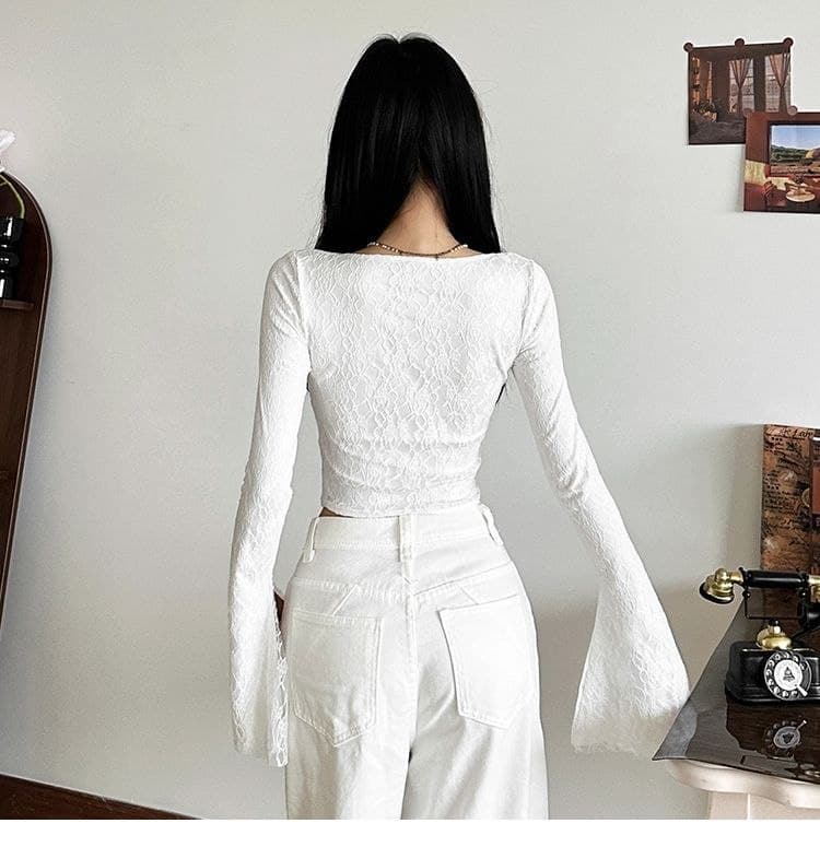 Atasan Renda Square Neck Wanita | Top Lengan Panjang Asimetris Slim Fit | Korean Vintage Style Elegan