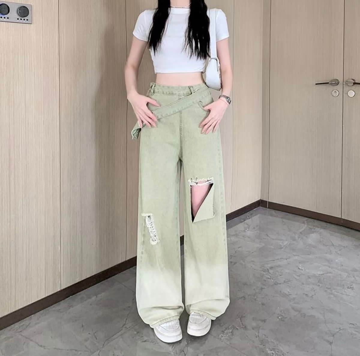Celana Jeans Wide Leg Wanita High Waist | Denim Distressed Vintage dengan Resleting Samping | Celana Baggy Korean Style