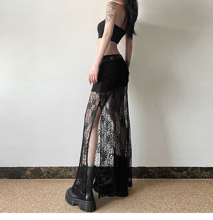 Rok Panjang Renda French Style | Rok High Waist Belahan Samping Elegan | Rok Maxi Korean Chic