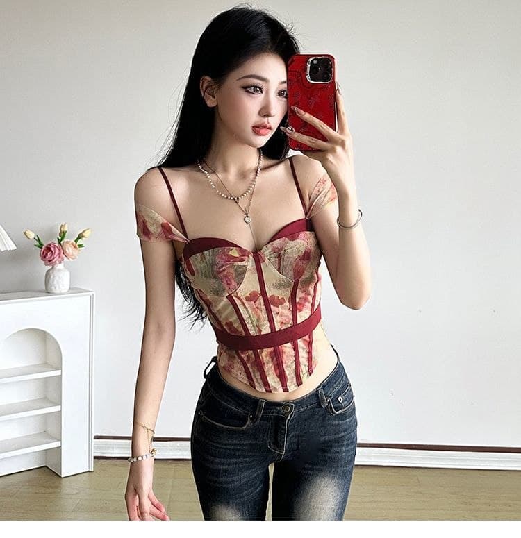 Atasan Crop Top Vintage Floral Wanita | Tank Top Asimetris Slim Fit | Korean Chic Style Elegan