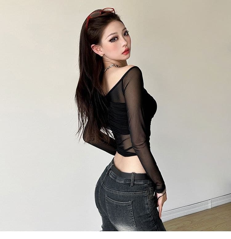 Atasan Mesh Sabrina Wanita | Top Renda Transparan Lengan Panjang Slim Fit | Korean Chic Style Elegan