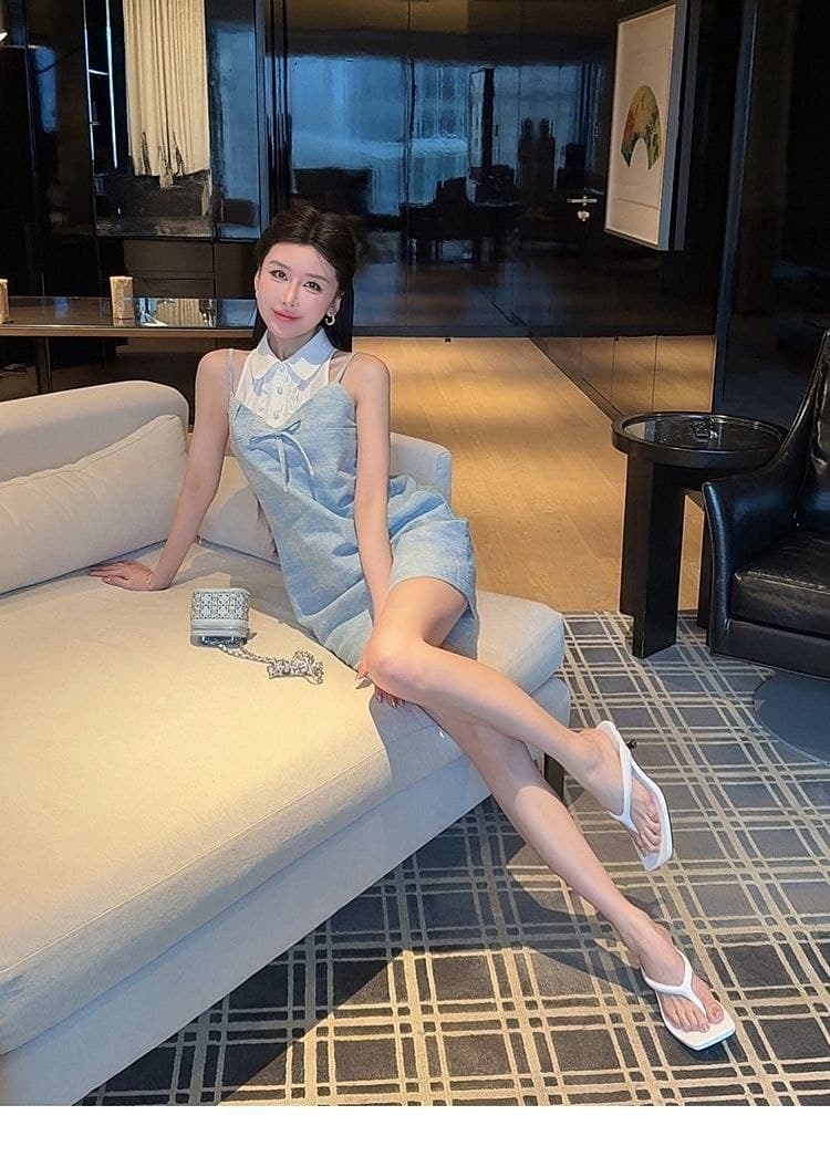 Mini Dress Layer Wanita Korean Style | Dress Tali Biru dengan Detail Pita & Inner Kerah Putih | Sweet Preppy Look