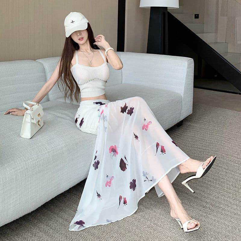 Rok Panjang Floral Putih Wanita | Rok High Waist A-Line Chiffon & Tulle | Rok Elegan Korean Style