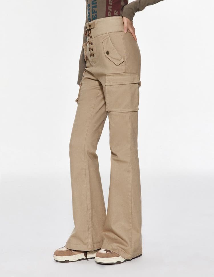 Celana Cargo Flare Wanita High Waist | Celana Slim Fit Tali Pinggang | Cargo Pants Korean Style Kekinian