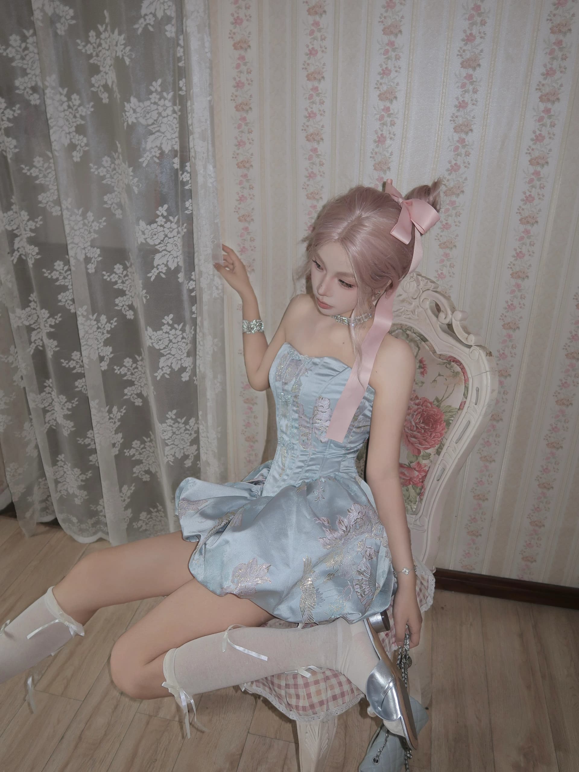 Dress Princess Jacquard Wanita | Mini Dress Korset Strapless dengan Pita Belakang | Dress Premium Elegan Vintage