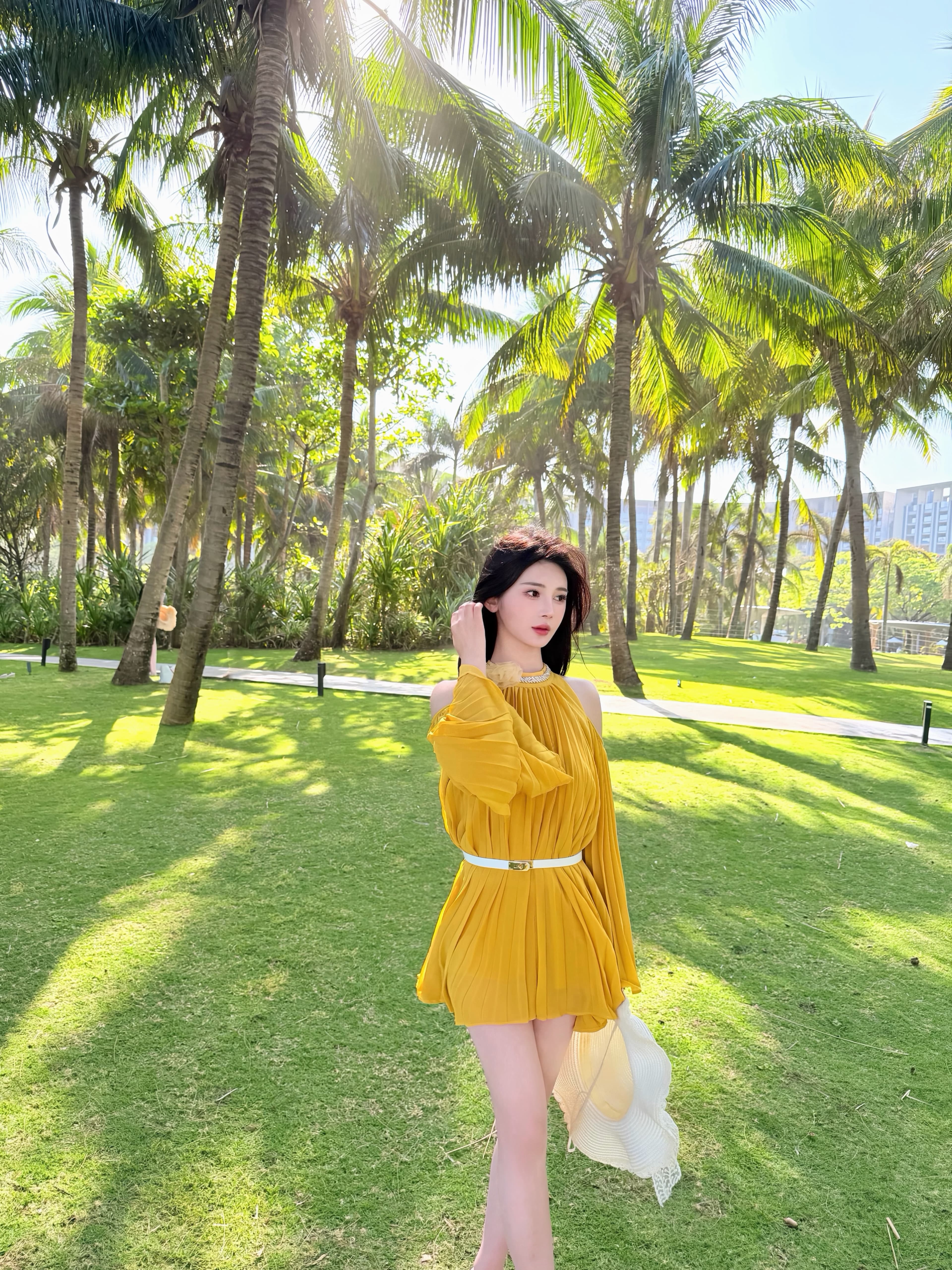 Dress Floral Kuning Wanita | Dress Off Shoulder Lengan Panjang Bell Sleeve | Mini Dress Chiffon Elegan Slim Fit